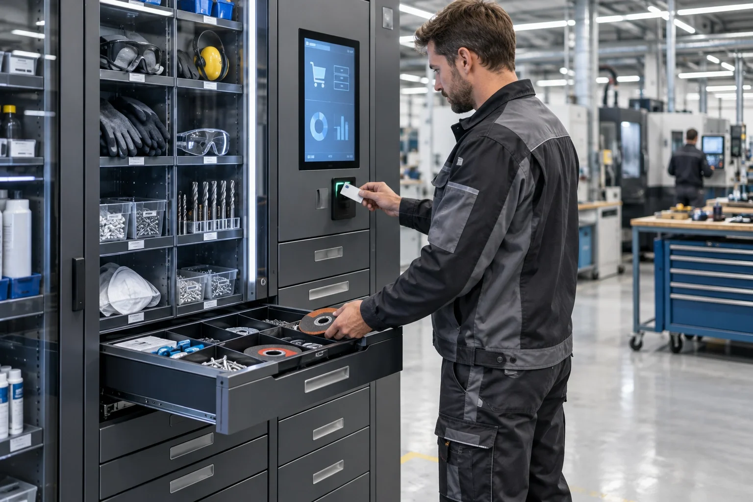 Mitarbeiter an einem elektronischen Materialausgabesystem
